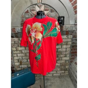 T-shirt  vintage 1980s puff paint flower orange gold green